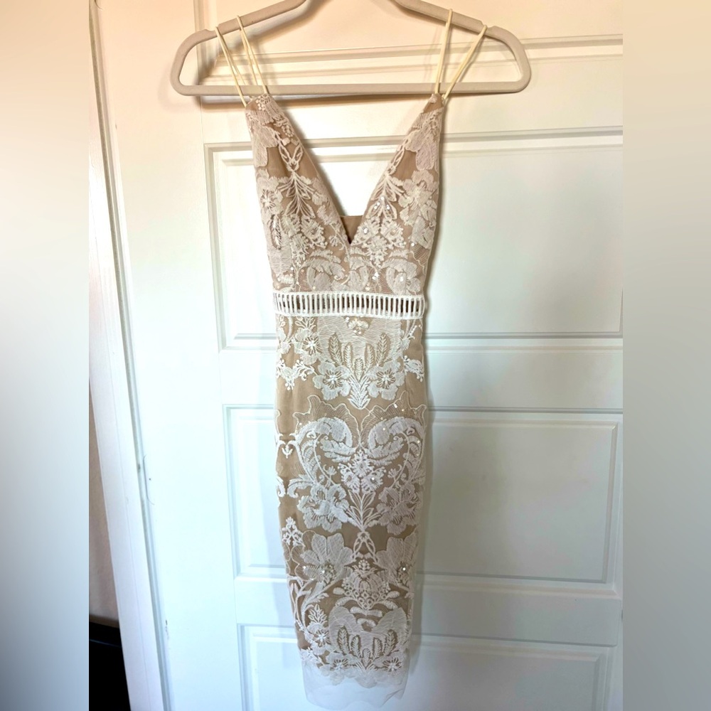 Love Triangle Lace Midi Sequin Dress in White and Nude